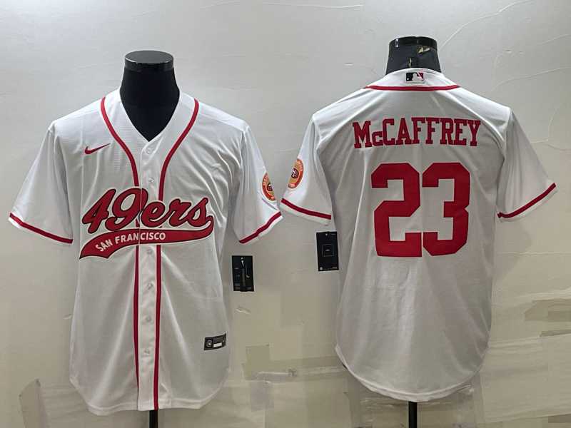 Mens San Francisco 49ers #23 Christian McCaffrey White With Patch Cool Base Stitched Baseball Jersey